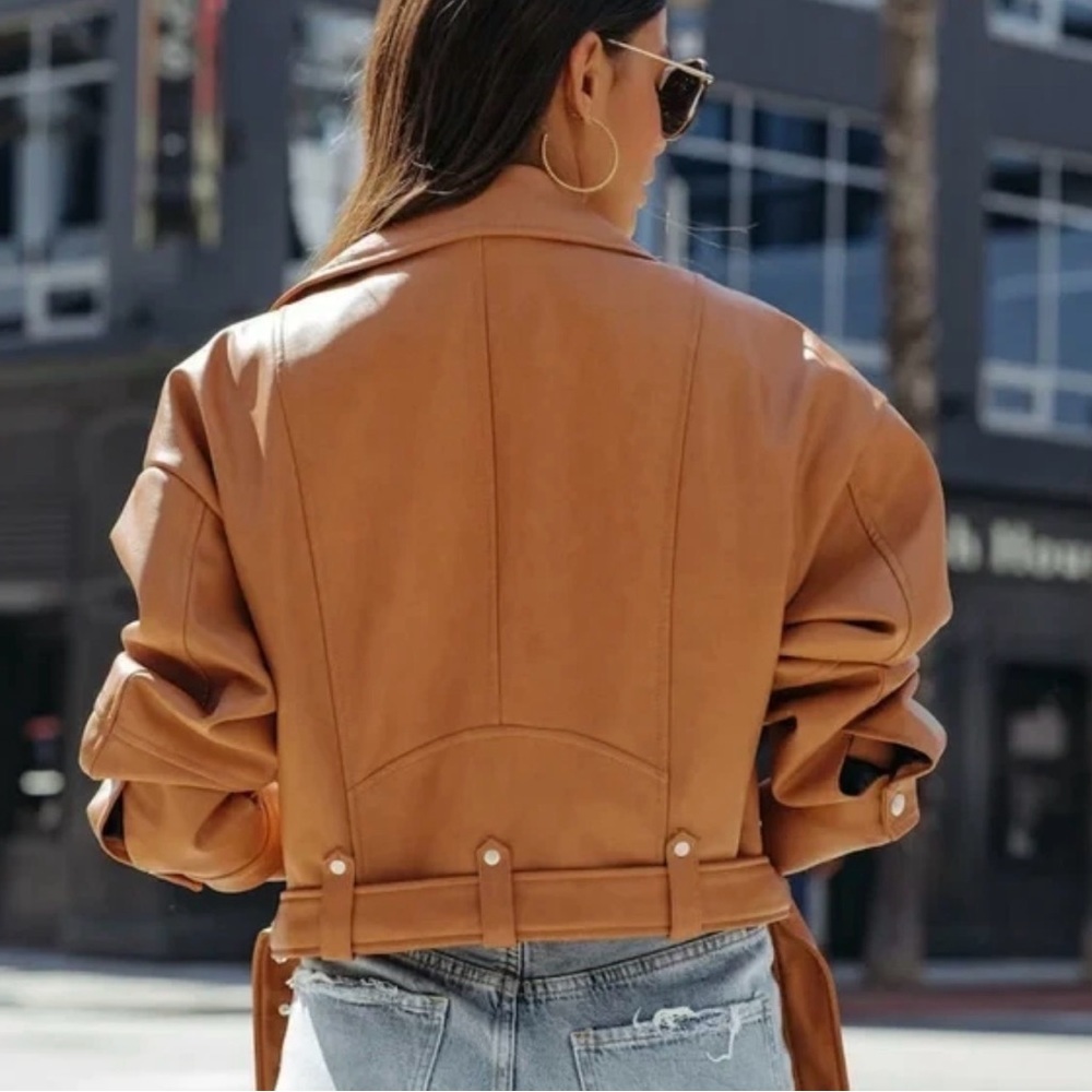 Women's Avec Les Filles Jacket – Camel synthetic leather biker style - Picture 2 of 12